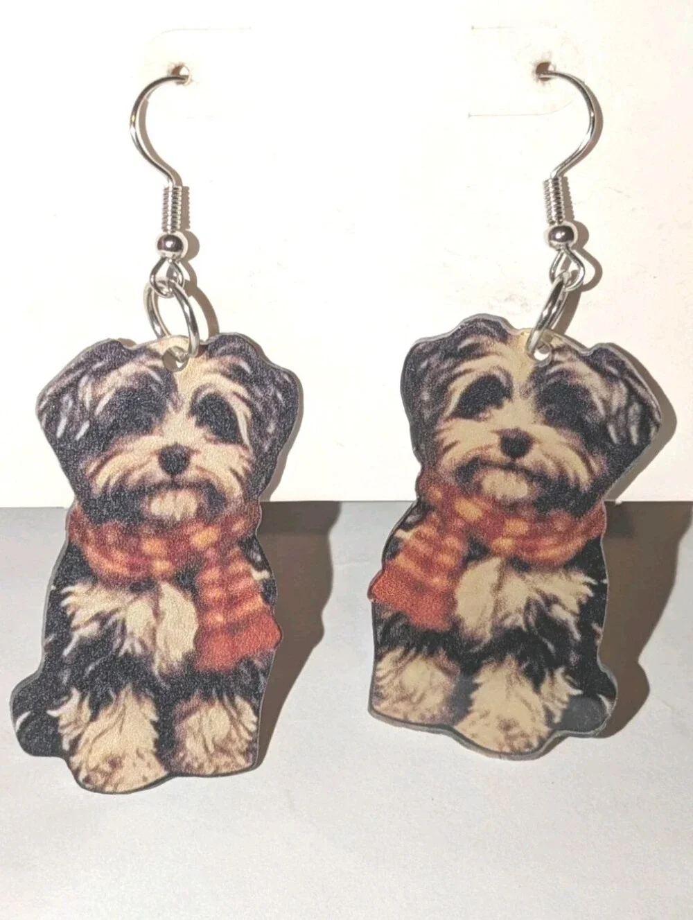 Hand Crafted Black, Cream and Orange Dog Scarf Drop Earrings